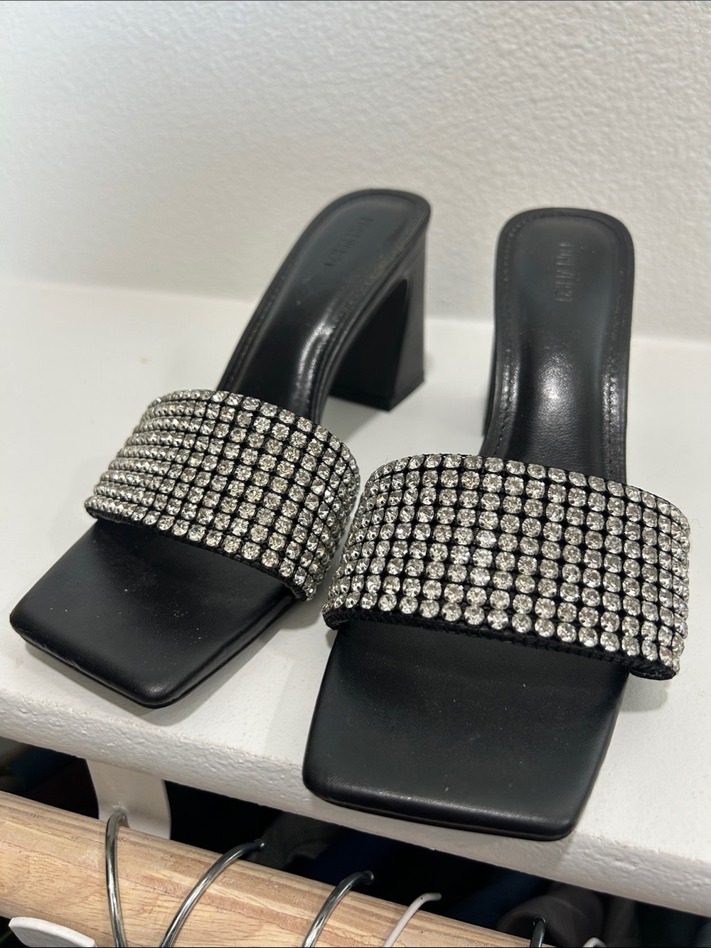 Forever 21 Black Crystal-Strap Block Heel Mules
